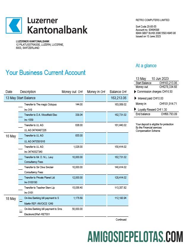 Realista Luzerner Kantonalbank Organização bancária Extrato de conta corrente modelo Word e PDF